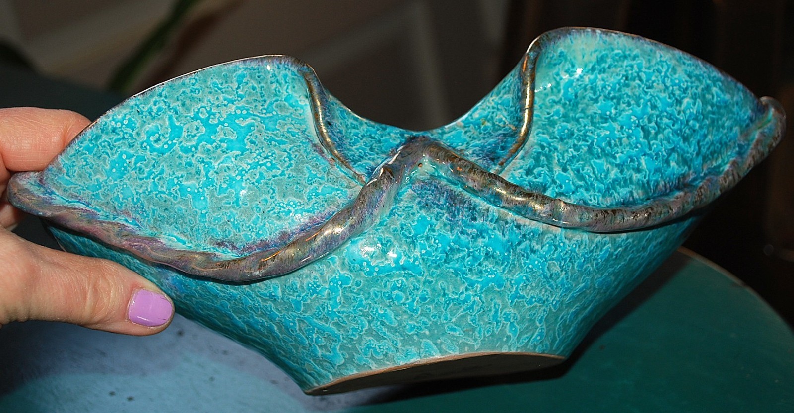 Vtg ITALY Handmade PINCHED STUDIO ART POTTERY Bowl BLUE DRIP GLAZE MCM Numbered