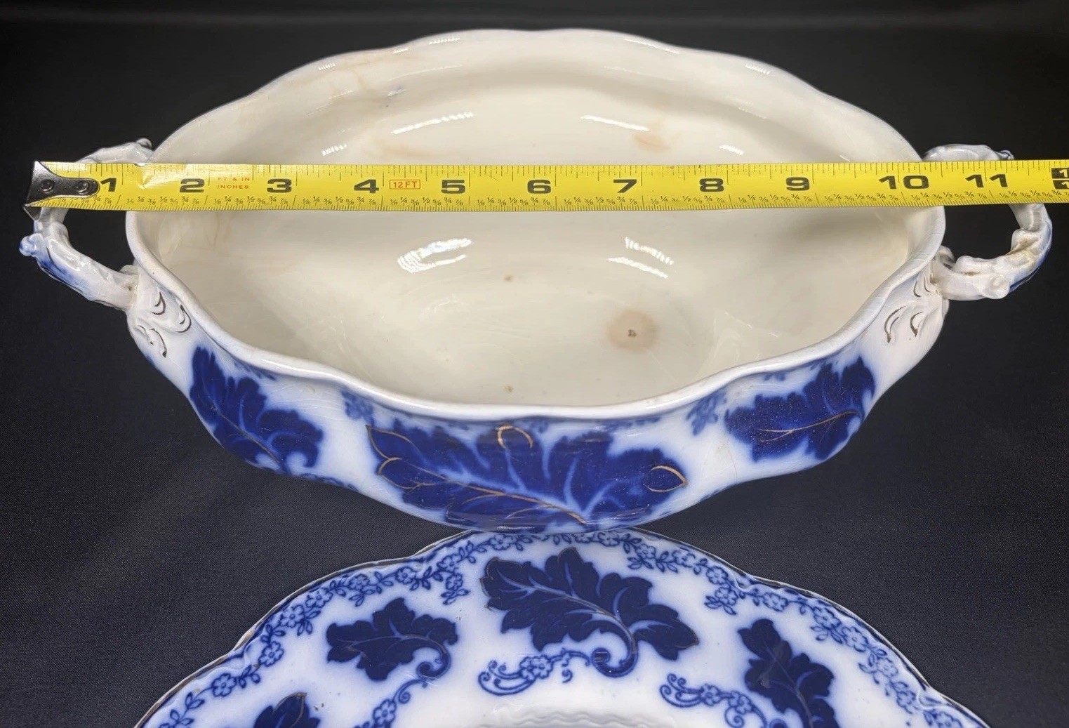 Antique Johnson Bros Normandy Flow Blue Oval Covered Vegetable Bowl Dish 11.5”