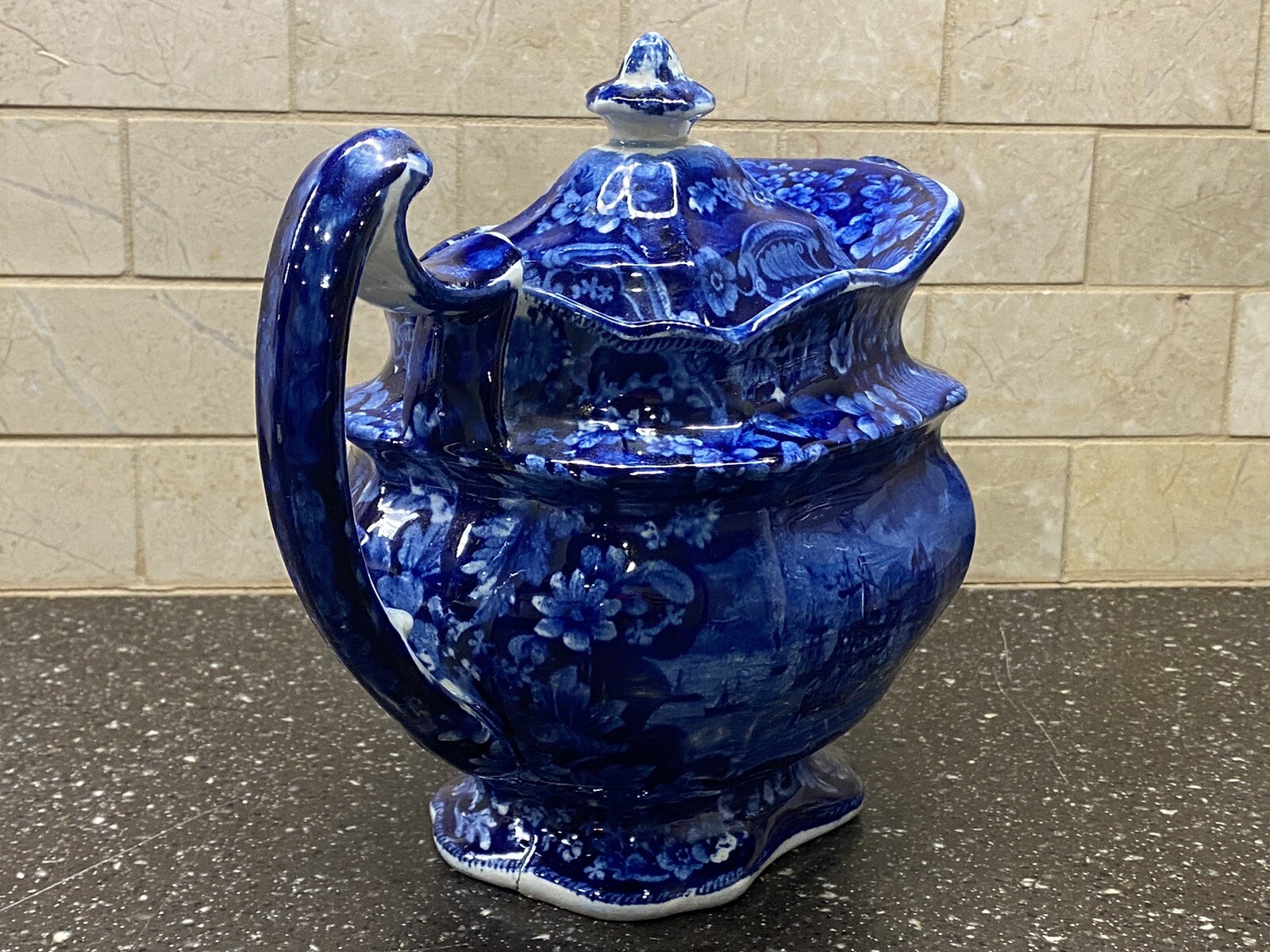 Historical Staffordshire Blue Teapot Macdonough’s Victory Ca. 1825