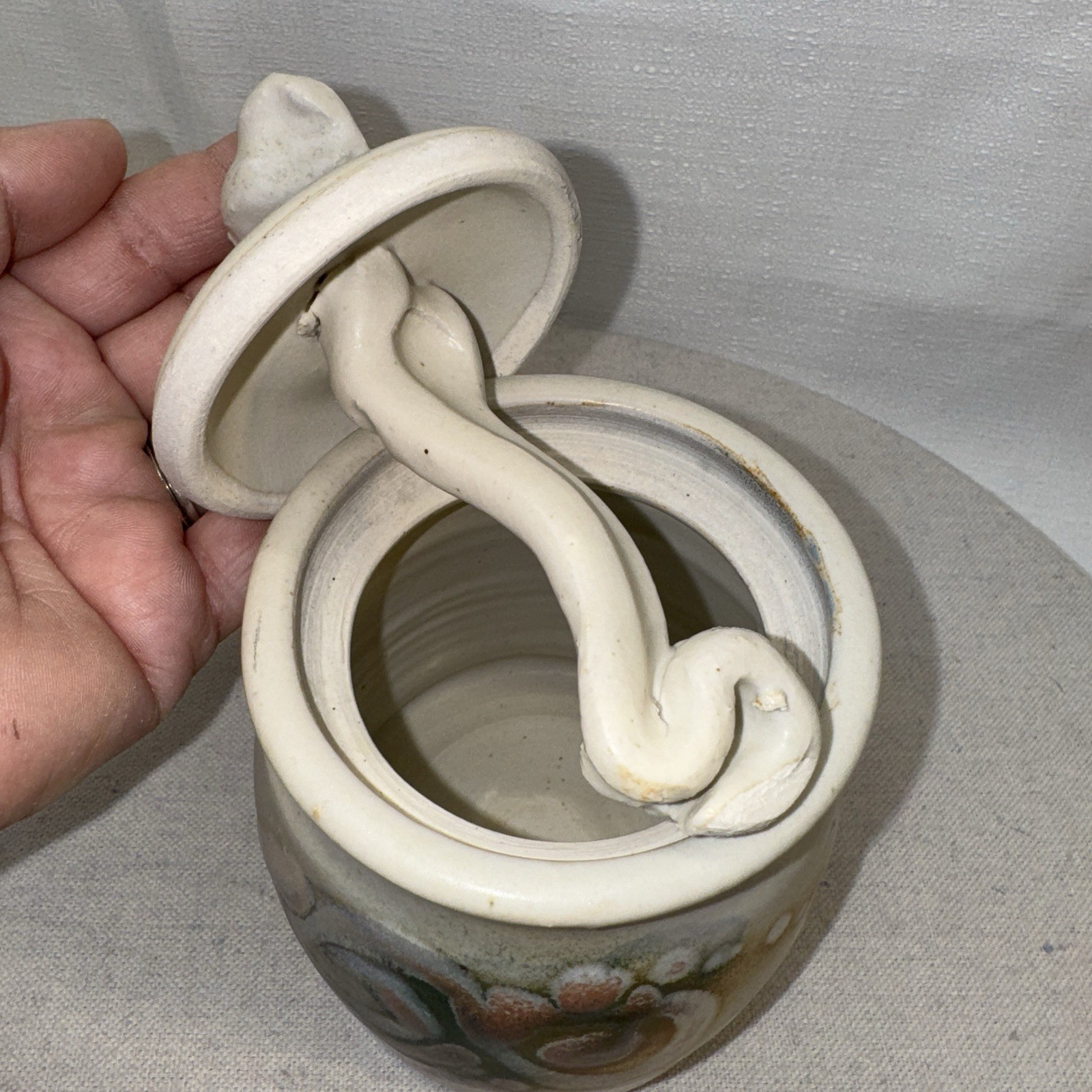Signed Studio Pottery Lidded Jar Home Decor Cream Earthy Abstract Organic Art