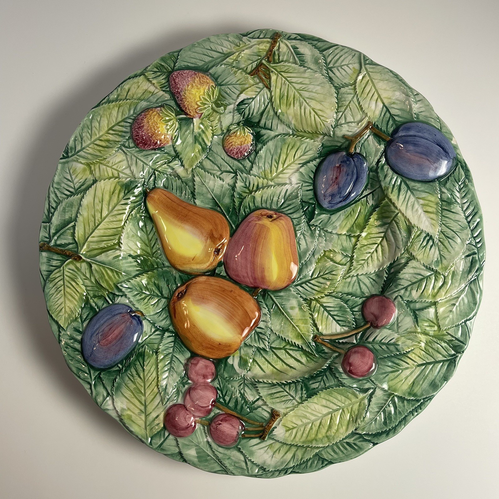 Vintage Majolica Italy Fruits and Leaves Platter Stamped 10428/32 width 12.75″