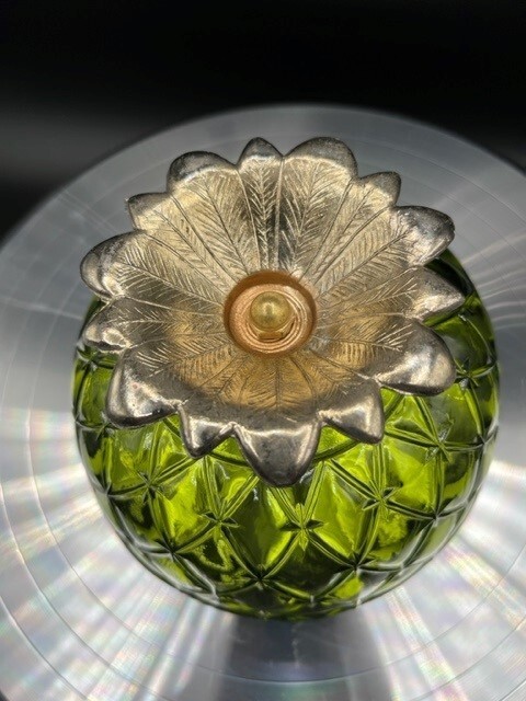 Indiana Glass Olive Green Quilted Diamond Candy Bowl Footed Metal Leaf Base MCM