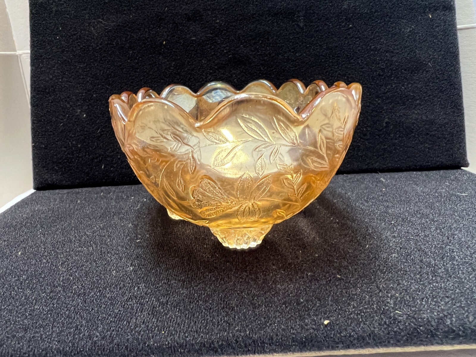 Vtg Jeanette Flora Amber Iridescent Carnival Glass Small Candy Dish bowl 4 feet