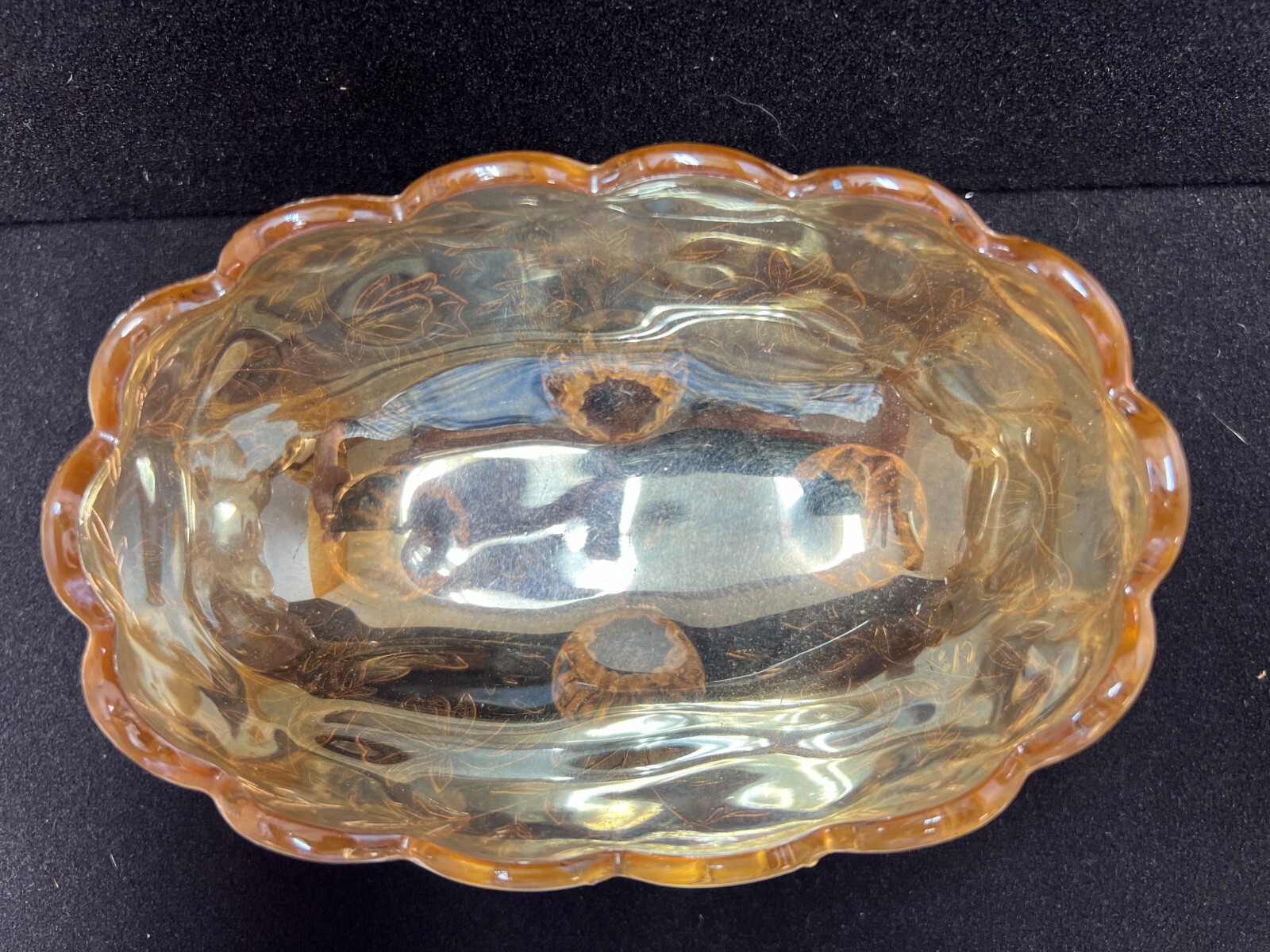 Vtg Jeanette Flora Amber Iridescent Carnival Glass Small Candy Dish bowl 4 feet