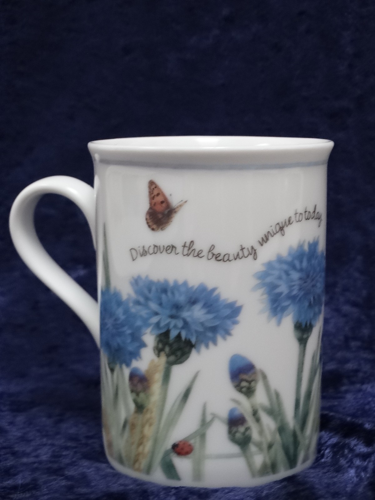 1997 Marjolein Bastin Avon Cornflowers Butterflies Ladybugs Coffee/Tea Mug 4″h