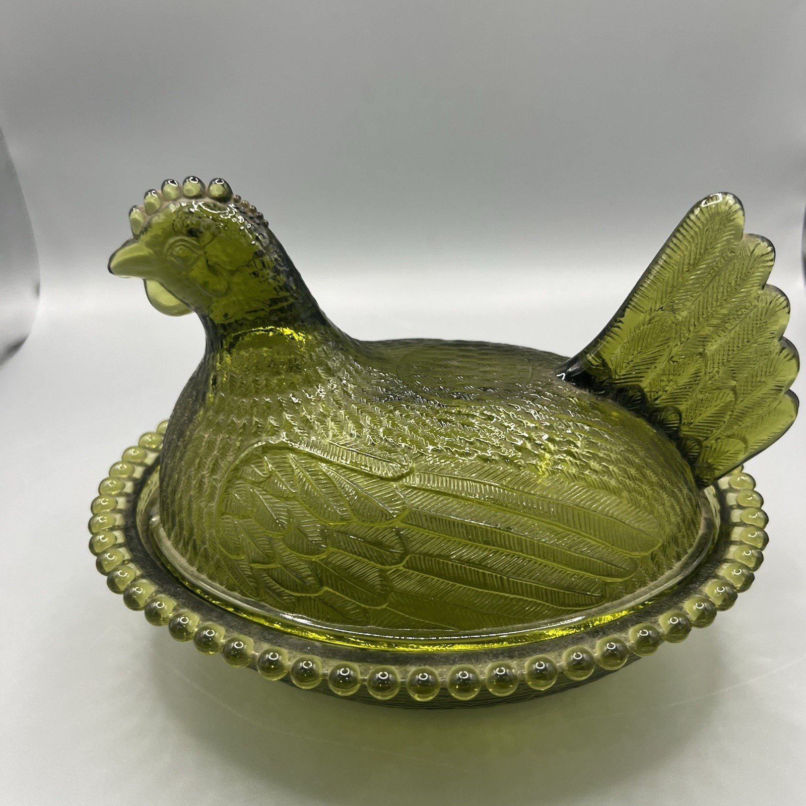 Vintage Indiana Olive Green Hen On Nest Glass Covered Candy Dish 7″