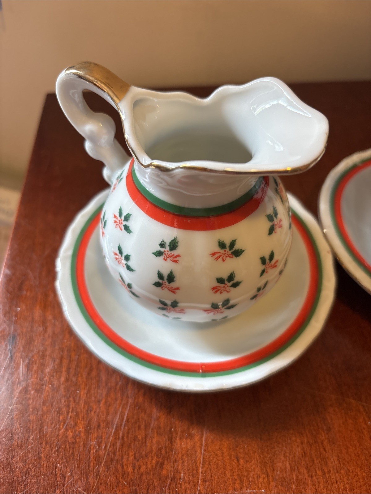 Mini Pitcher ,Creamer And Saucer Sets. Holly 2396, Lefton China Gold Trim – Pair