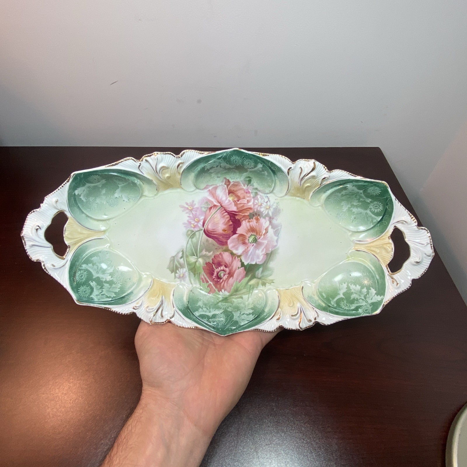 Antique RS Prussia Mold Handled Celery Dish Pink Roses Airbrushed Pastel c 1900