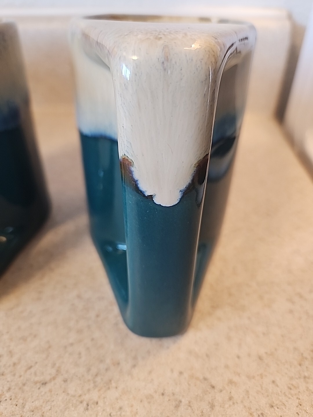 VTG Padilla Signed Stoneware Mugs Blue/Tan Drip Glaze Set of 4 boho