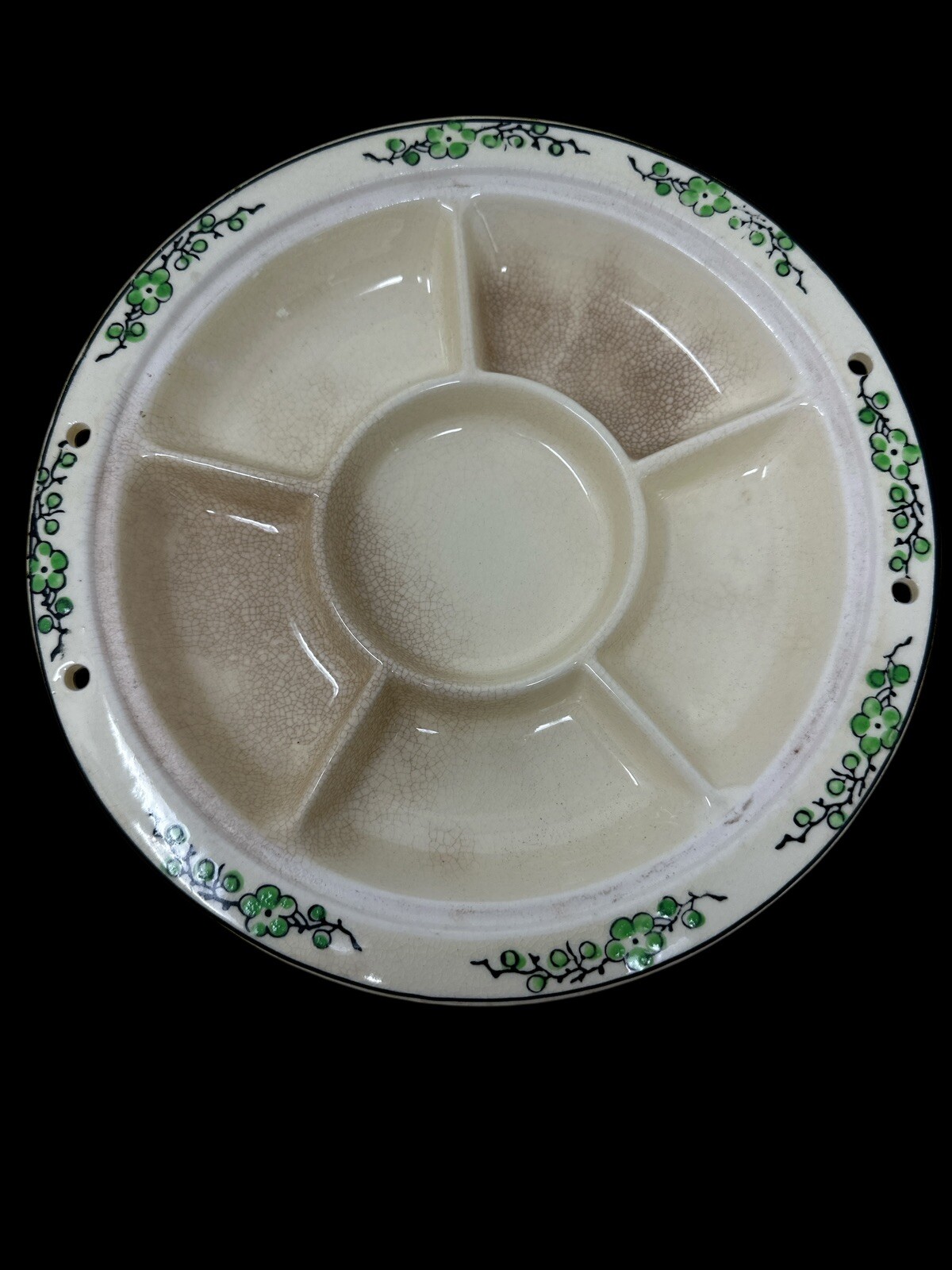 Vintage 1930s MORIYAMA Ceramic Covered Divided Platter Hand Painted Green Flora