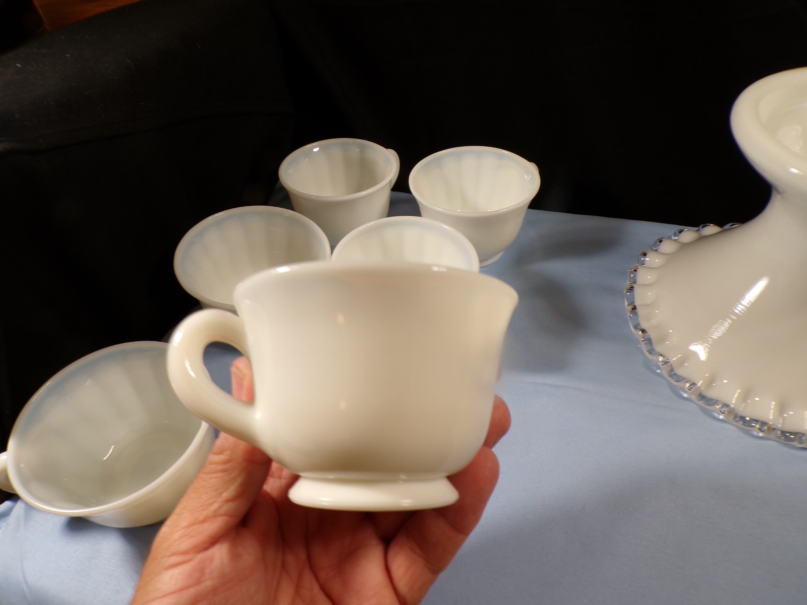 Very Large Fenton Milk Glass Silver Crest Punch Bowl Set w/ Stand & 12 Cups