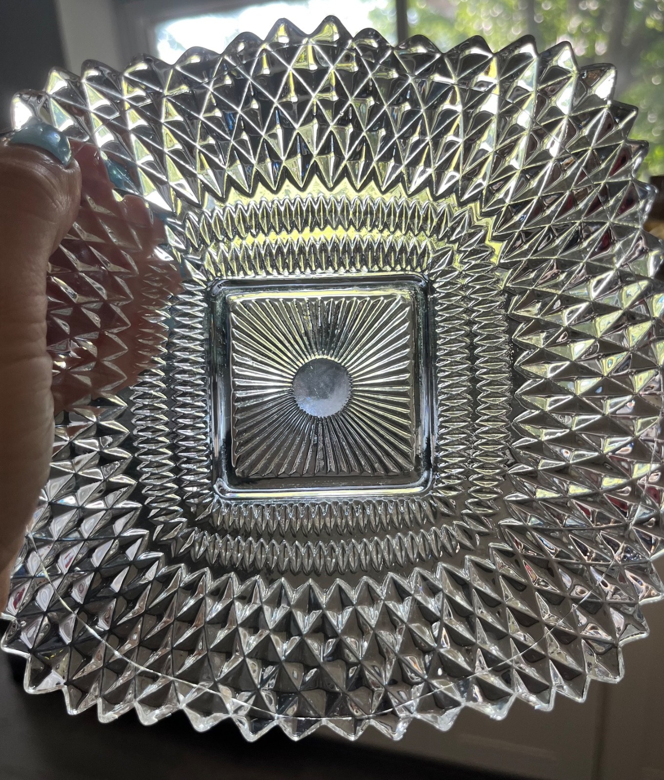 Vintage Indiana Glass Co Diamond Cut Design Square Dish w/ Ruffled Edges