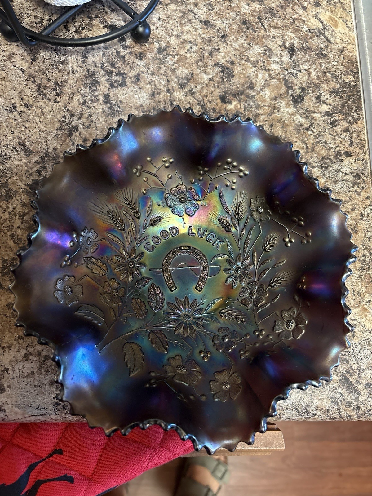 Antique Northwood Good Luck Amethyst Carnival Glass Ruffled Bowl Ribbed Back