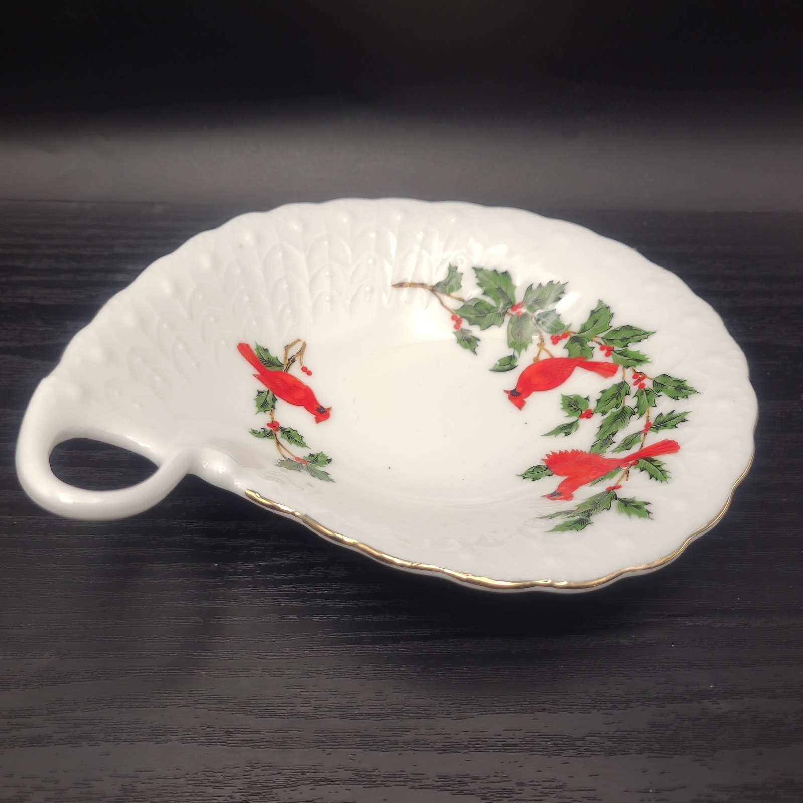Vintage 1988 Lefton Bone China Red Cardinals & Holly Trinket Dish