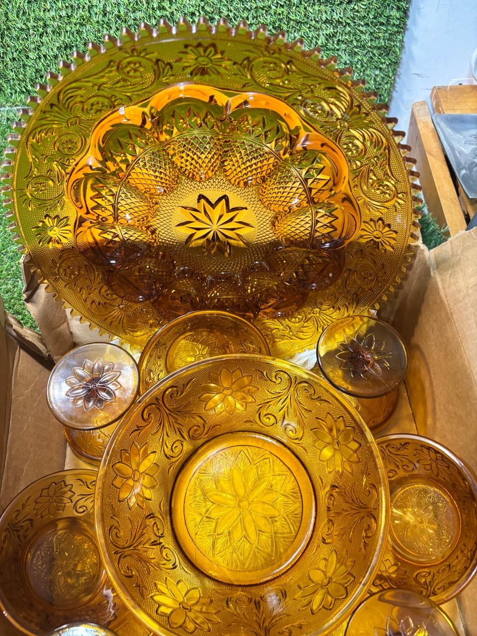 Tiara Exclusives Amber Indiana Glass Sandwich Pattern Serving Set