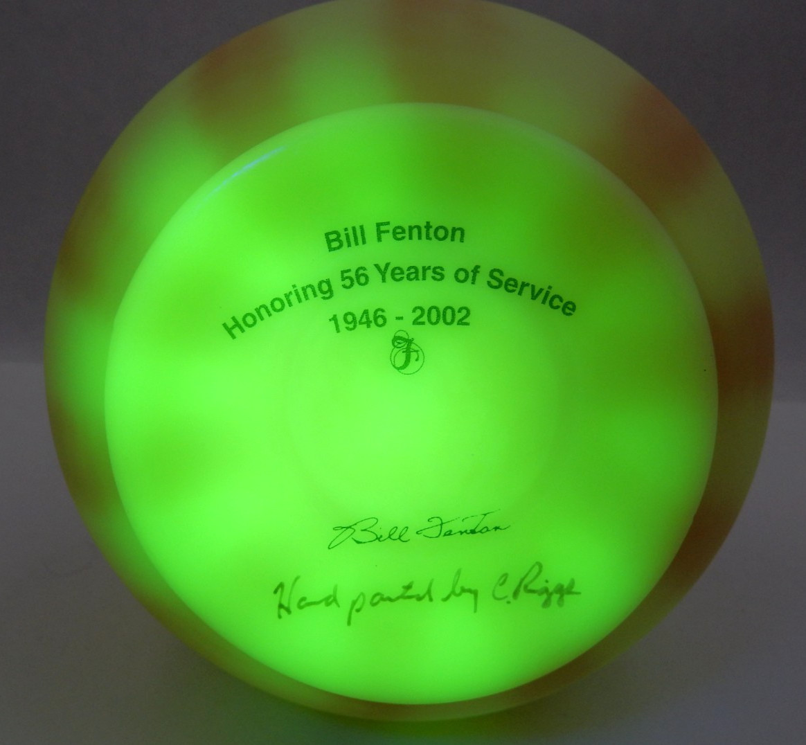 FENTON BURMESE URANIUM GLASS BILL FENTON 56 YEARS ANNIV. PITCHER, SIGNED, 6-1/2″