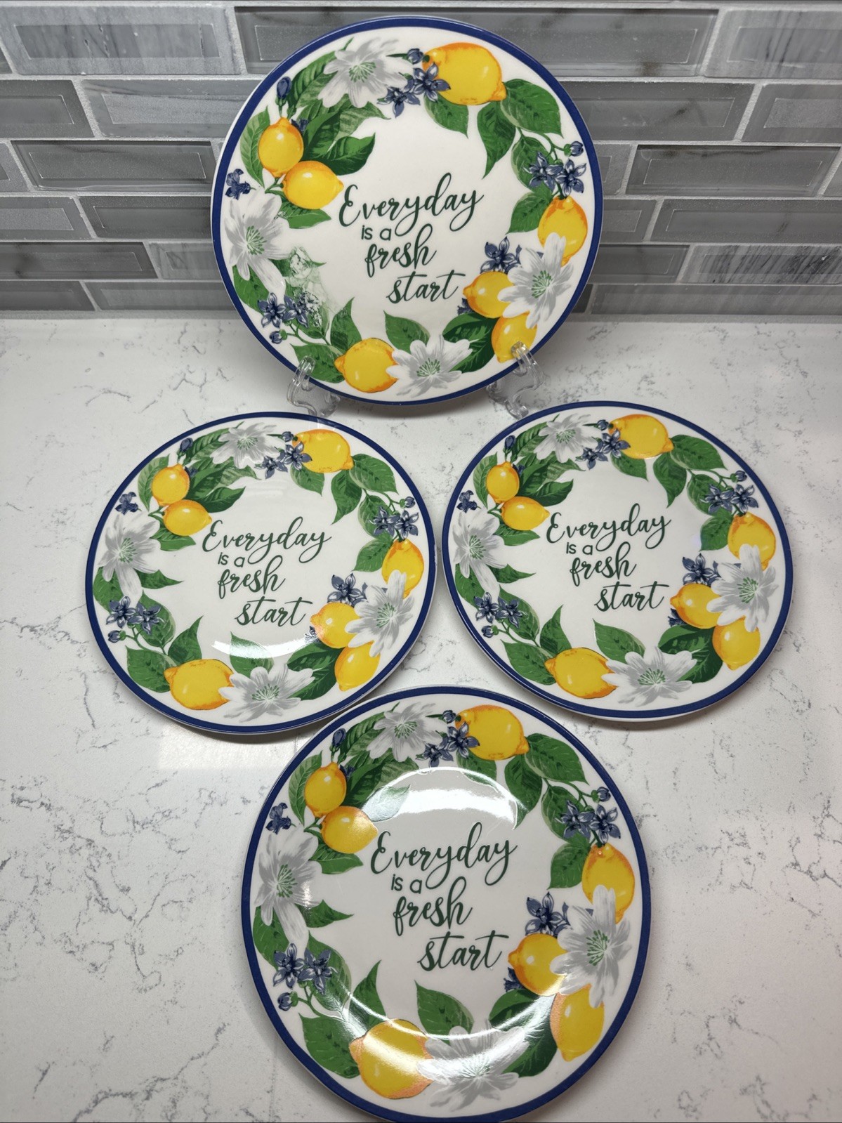 Royal Norfolk~Lemon Floral 7.25” Plates “Everyday is a Fresh Start” Set of 4 NEW