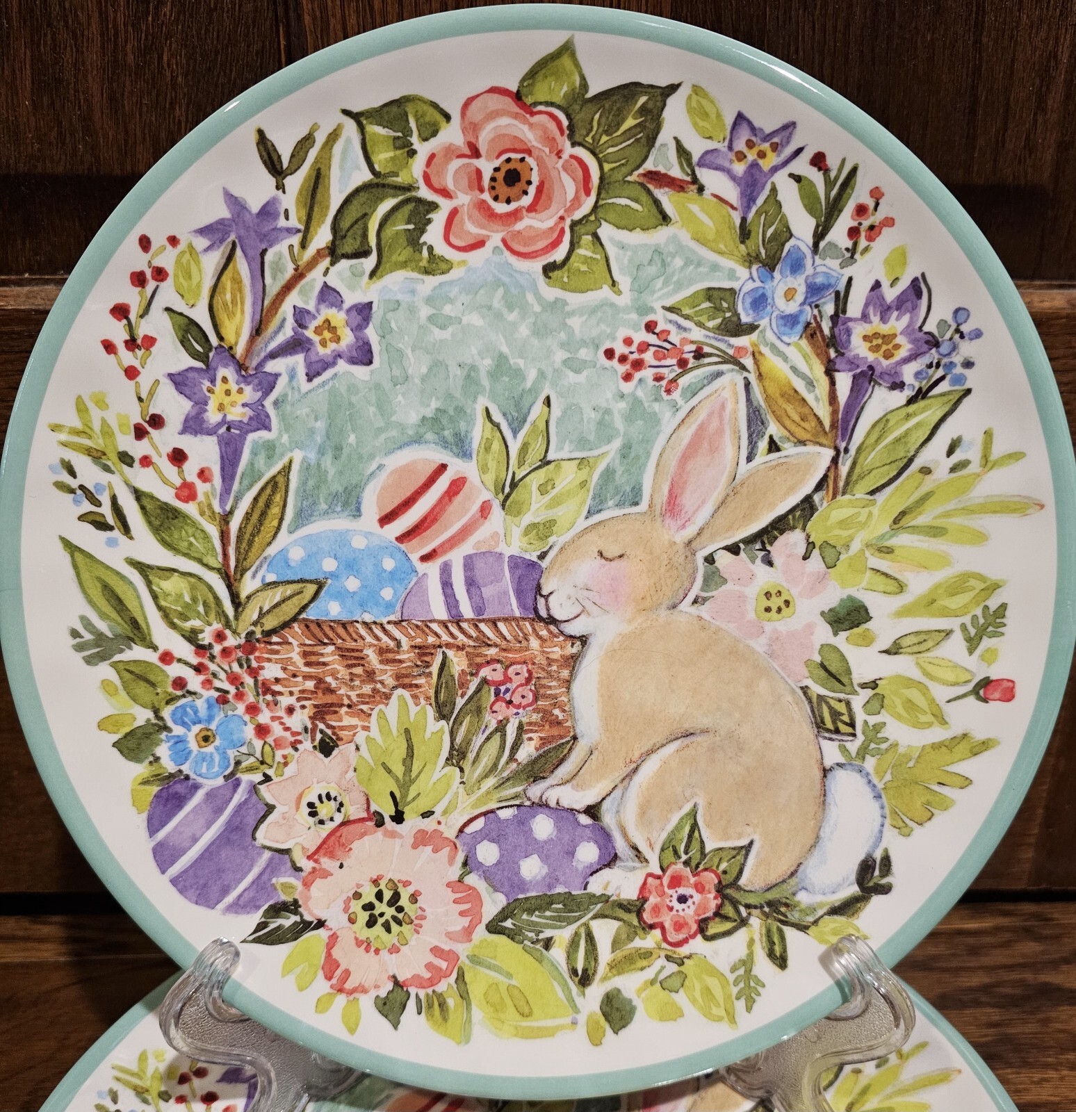 Set/6 Certified International Joy of Easter Melamine Salad Plates Bunny Rabbit