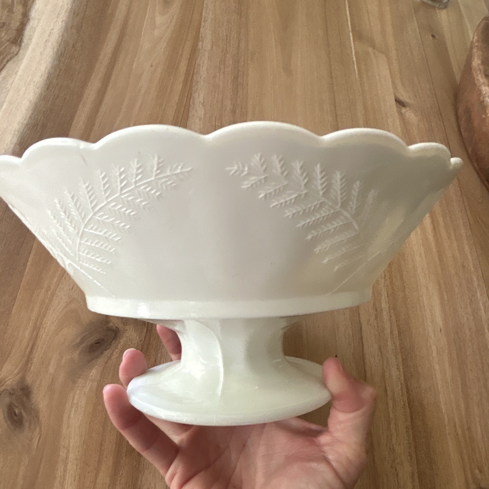 White Milk Glass Fern Scalloped Pedestal Compote Bowl Glossy Decorative
