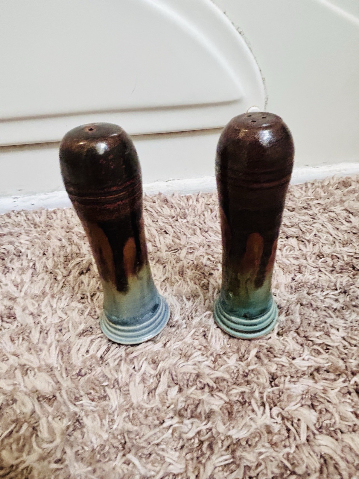 Bill Campbell Pottery Salt And Pepper Shakers Drip Glaze Blue Brown Purple