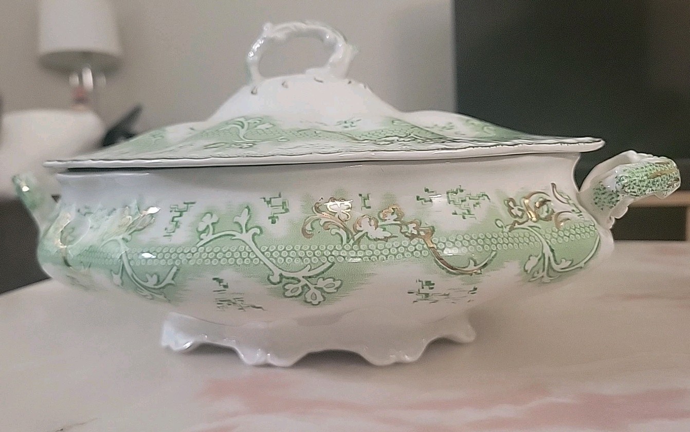 Johnson Brothers Green And Gold Covered Casserole Dish, Vintage