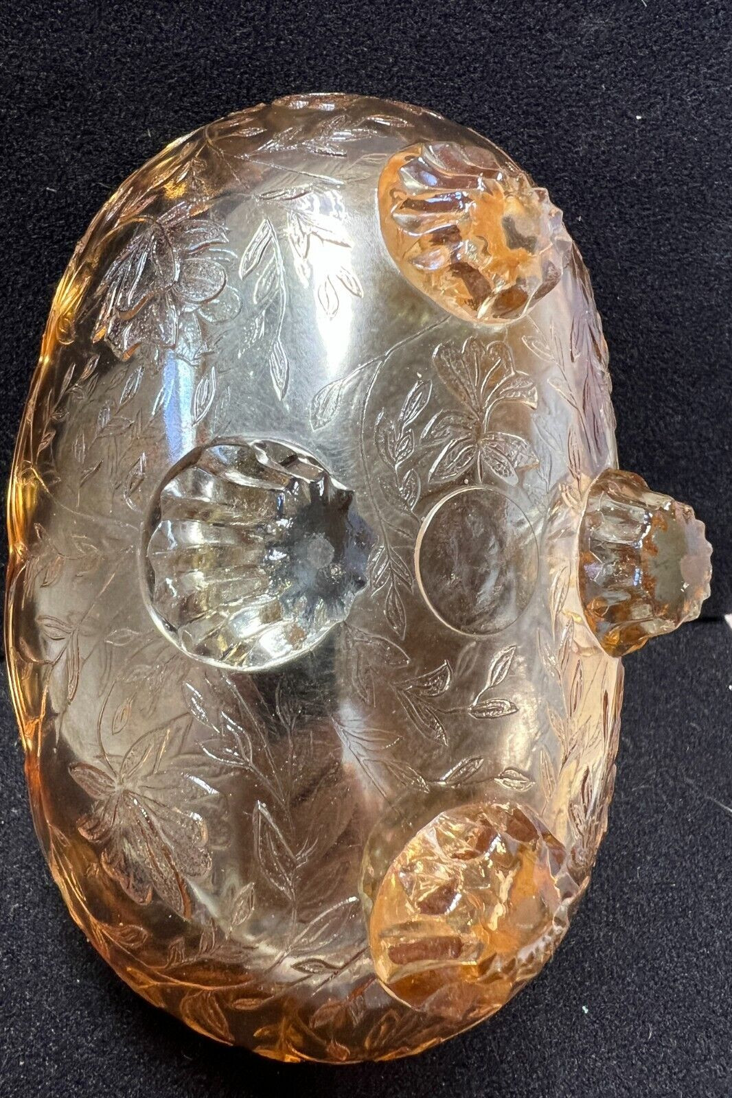 Vtg Jeanette Flora Amber Iridescent Carnival Glass Small Candy Dish bowl 4 feet