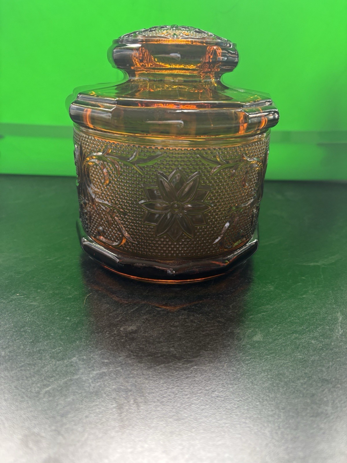 Vintage Tiara Indiana Glass Co. Amber Candy Jar Canister 5.5” Tall With Lid