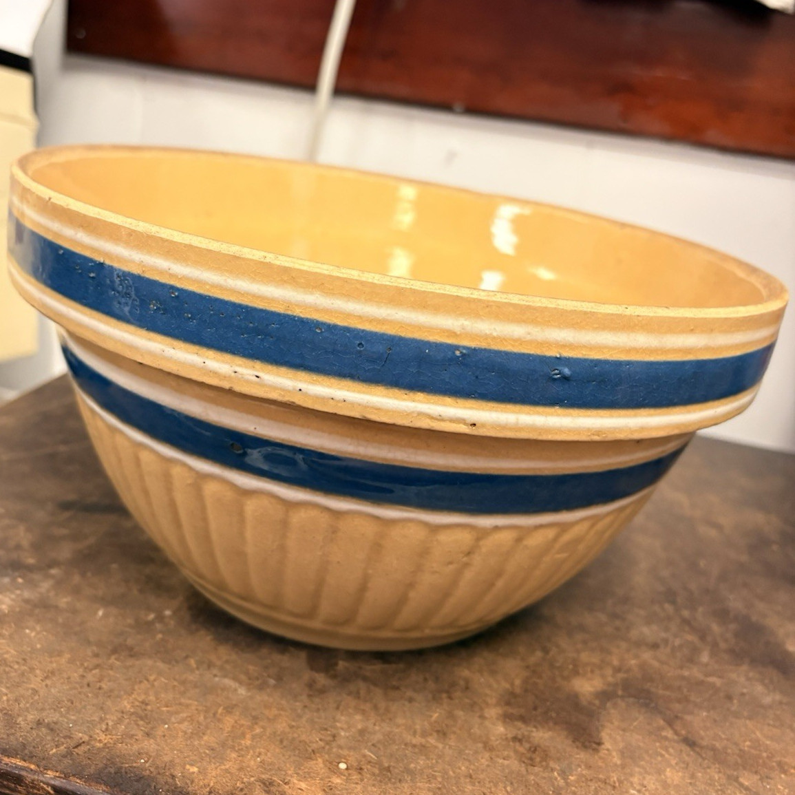 Beige & Blue Ceramic Band Pattern Round Glossy Bowl, Approx. 9 in Diameter
