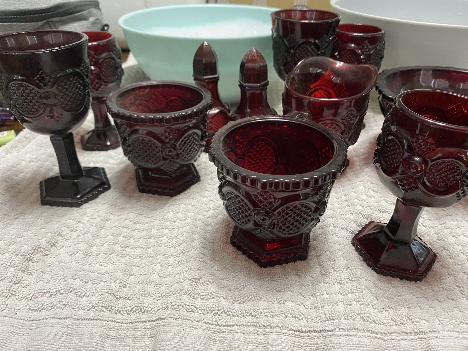 Dark Red Pressed Glass Dinnerware Set Plates Goblets Mugs Bowls Butter Dish