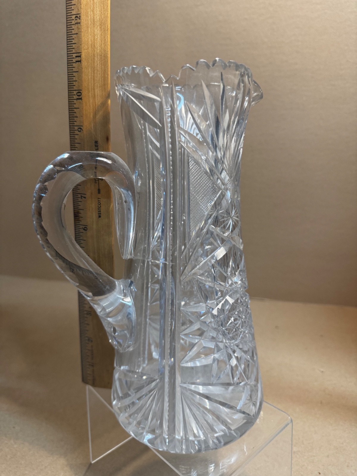Vintage rare American Brilliant Cut Crystal Sawtooth Edge Pitcher Shabby Vase