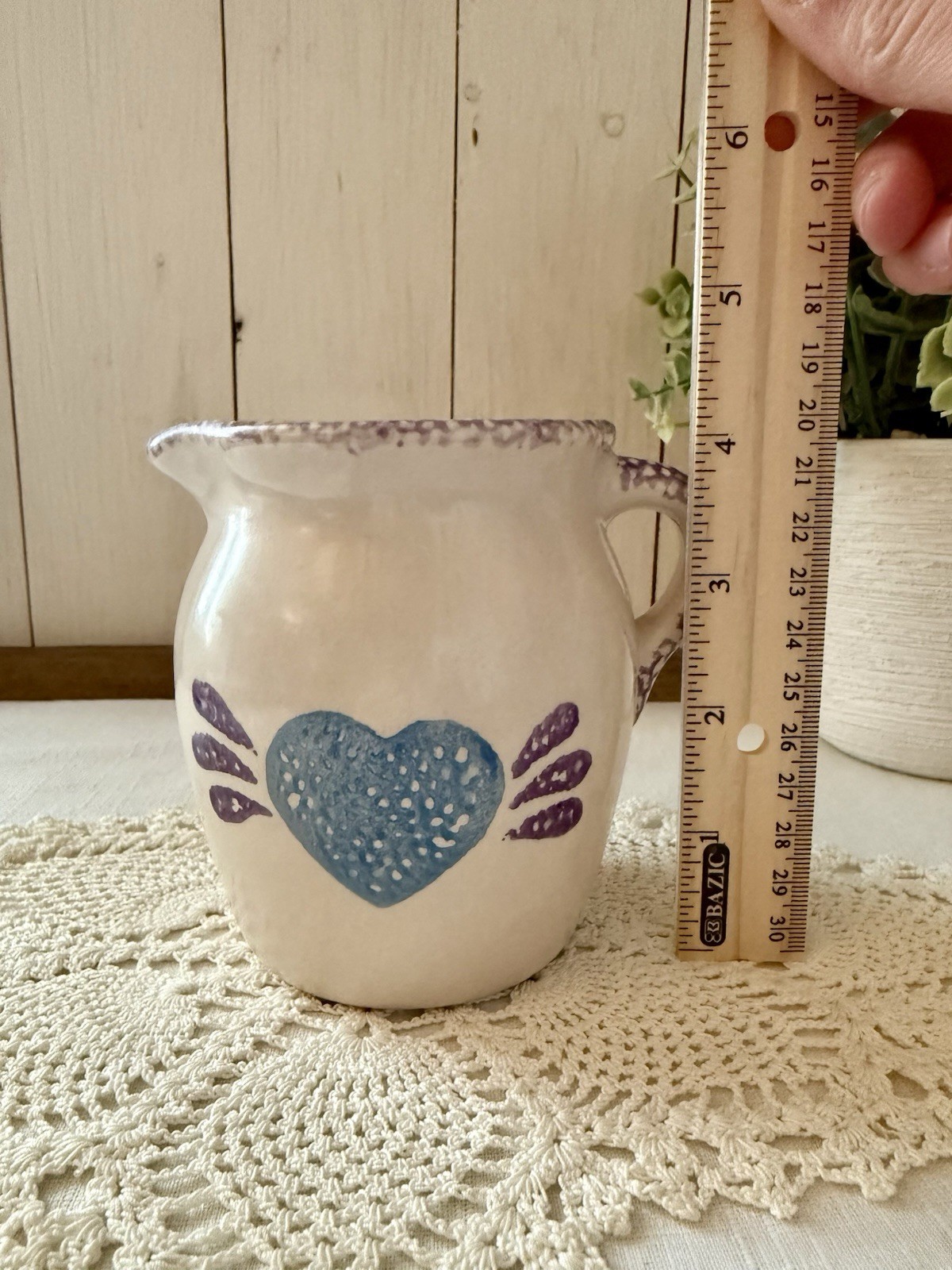 Vintage Blue Heart Spongeware Stoneware Creamer – Country Cottage Pitcher