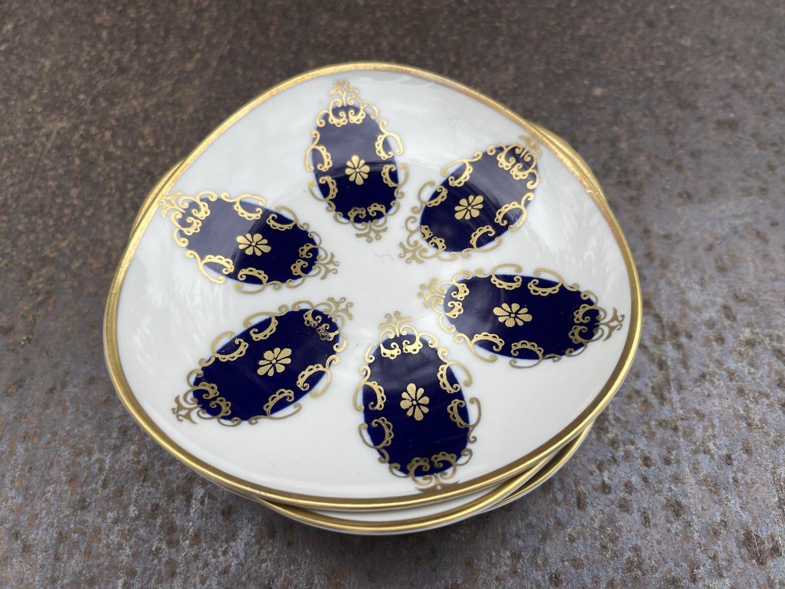 Echt Kobalt Porcelain Plate Set Blue Gold Floral made in BDR Seven-Piece MCM