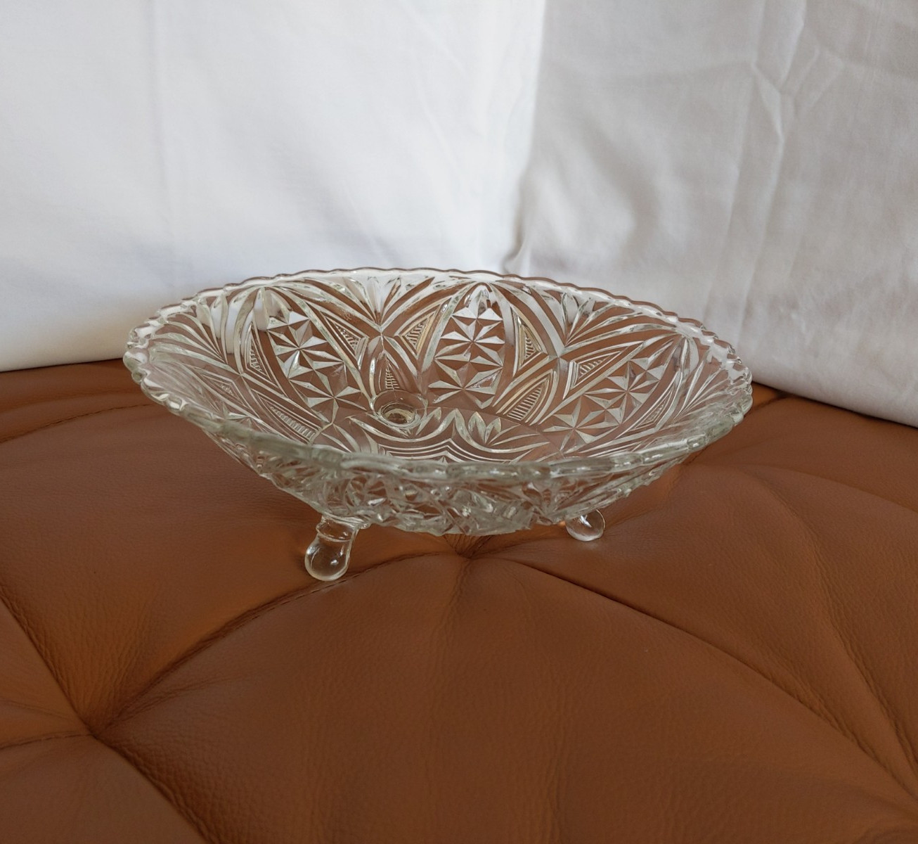 Vintage Anchor Hocking Serving Bowl Clear Pressed Glass 3 Footed 9in Dish 1960