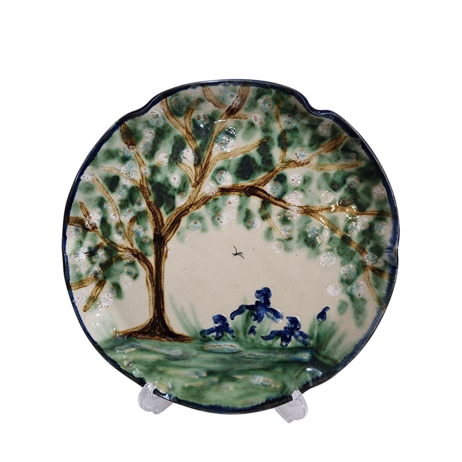 Signed Janet Resnik 13.5″ Hand Paint Lazy Susan Platter Tree Iris Studio Pottey