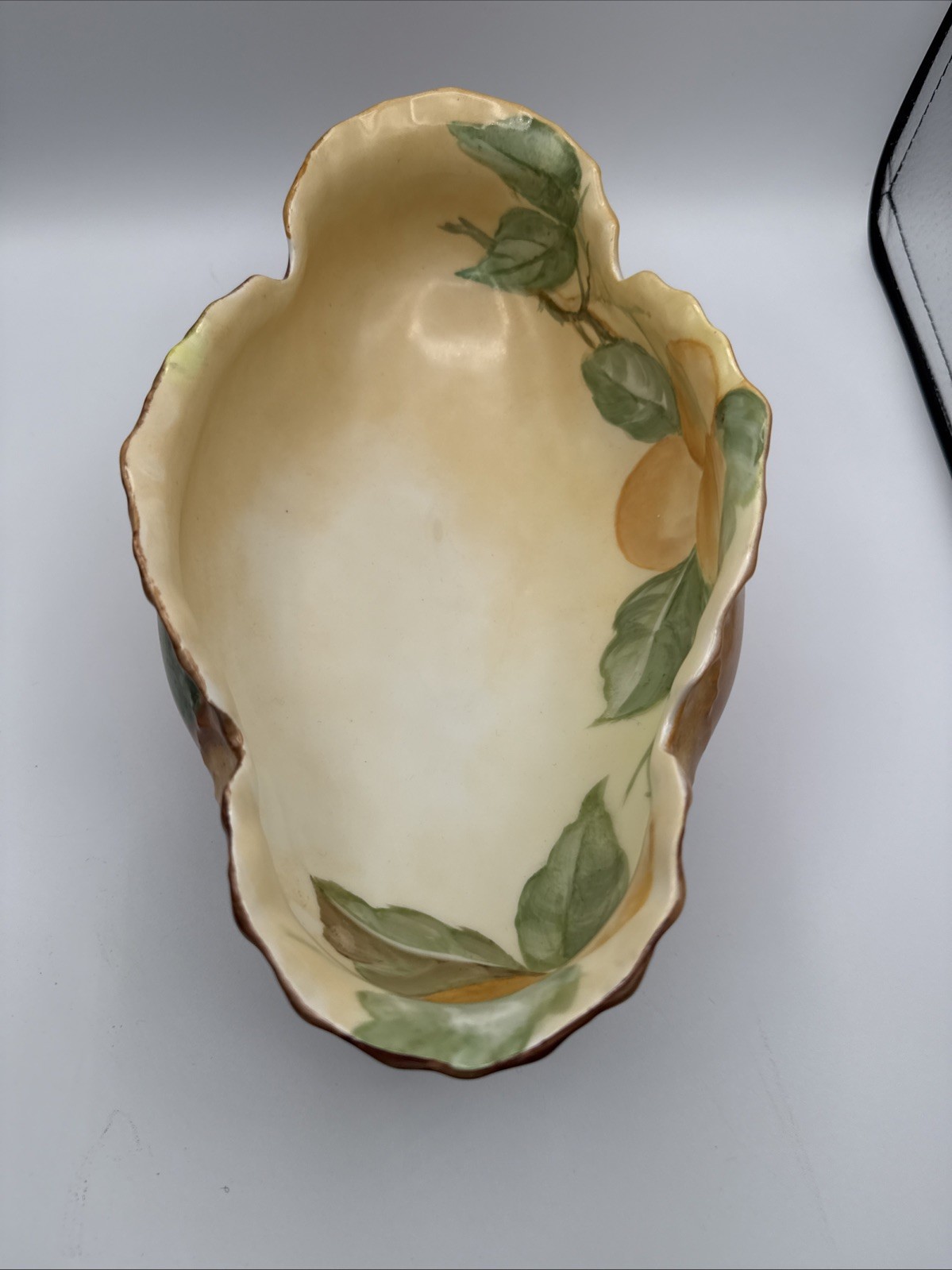 VTG Majolica painted ceramic footed centerpiece bowl with vibrant fruit and Leaf
