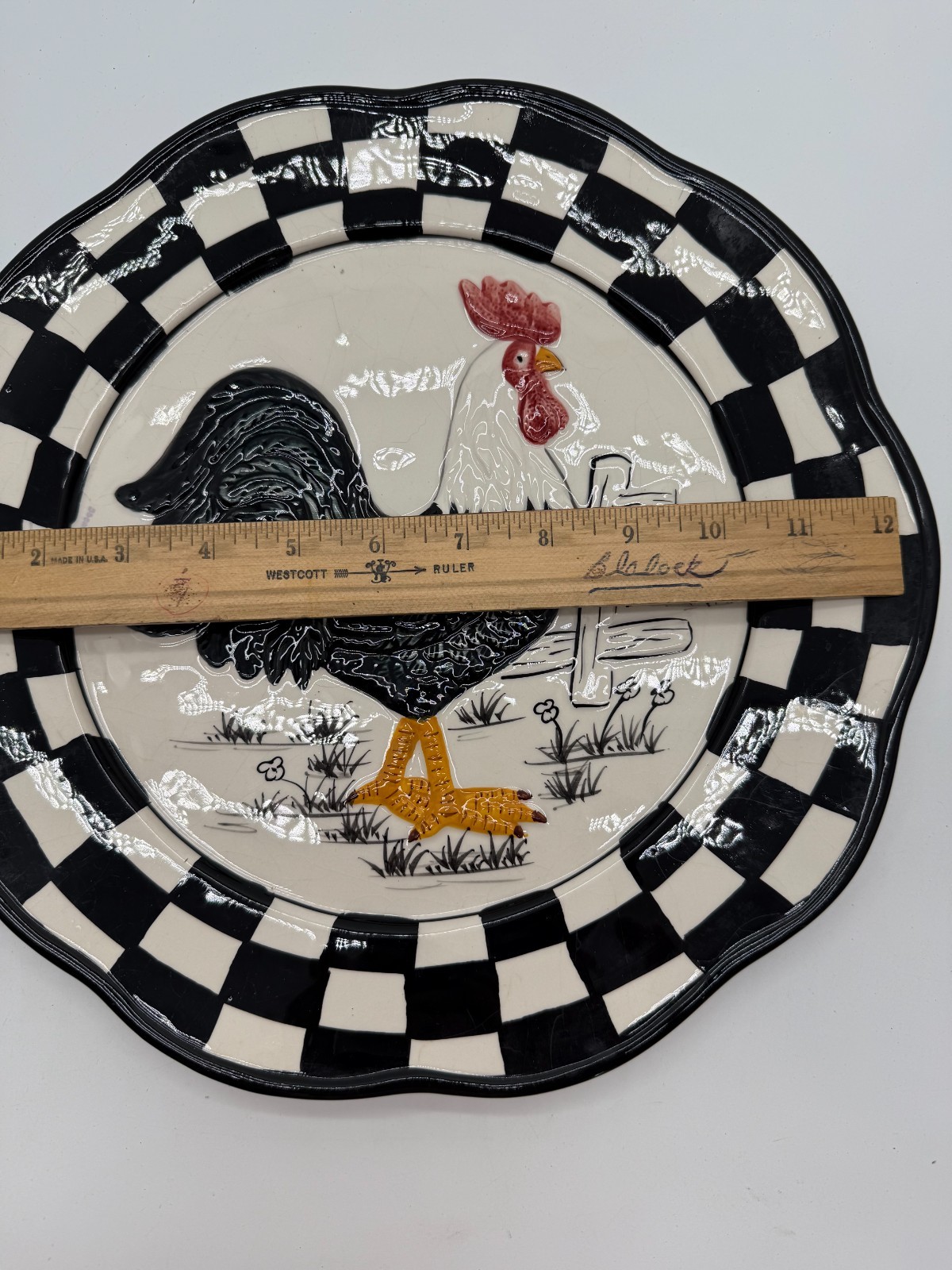 Decorative Rooster Plate with Black & White Checkered Border Home Decor Chicken