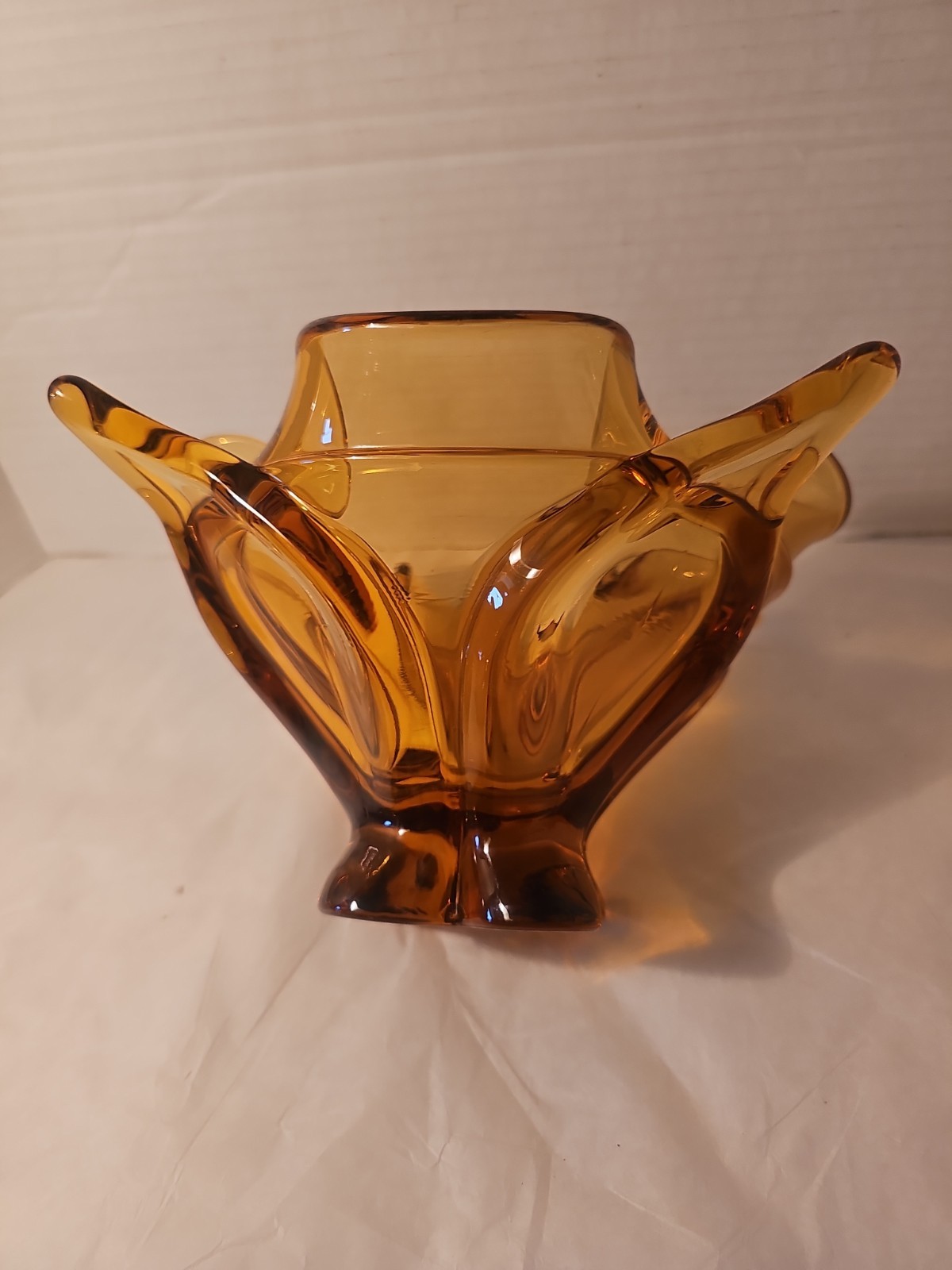 Viking Amber Chalet Four Point Ruffled Art Glass Bowl Dish Tray Vintage 9.25 In