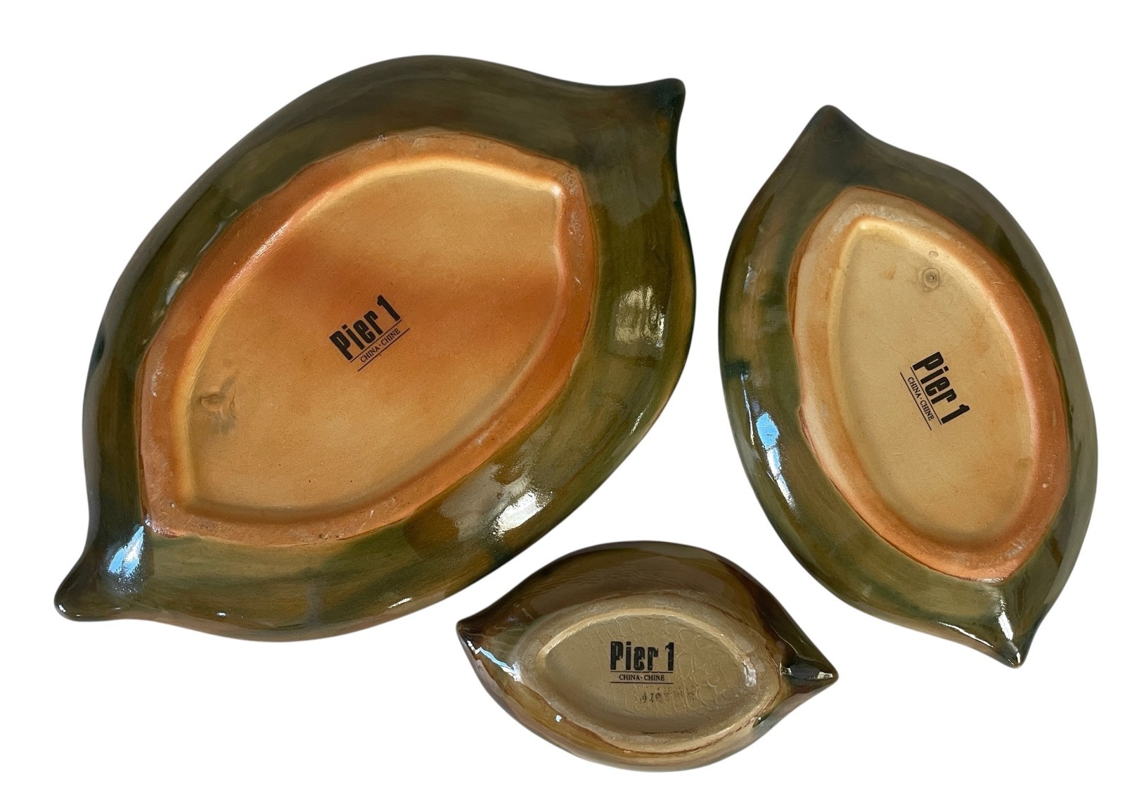 Pier 1 Stoneware Nesting Green Leaf Plate Set of 3 Vintage Serving Dishes Tiki