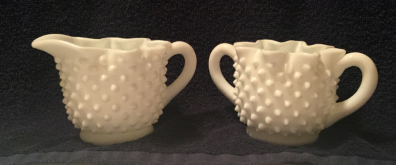 Vintage Fenton Hobnail White Milk Glass Star Sugar Bowl & Creamer #3906 Lovely