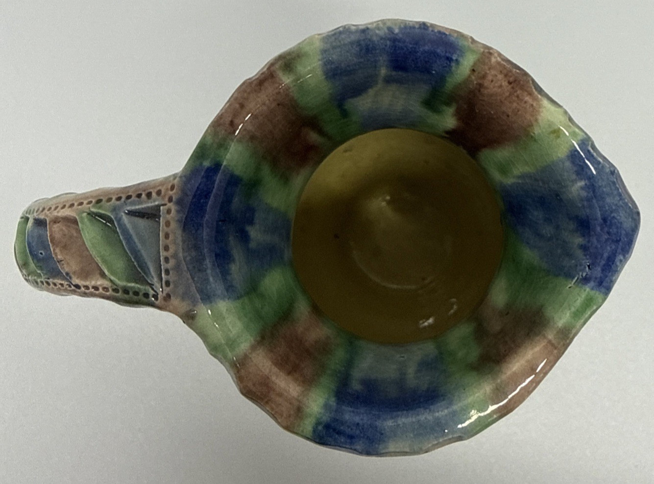 Friesland Dutch Kerfsnee Art Pottery Pitcher Green Blue Brown RF de Boer Holland