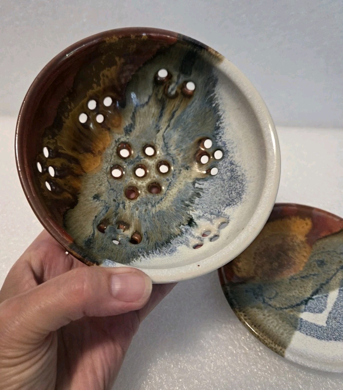Hand Thrown Pottery Earth Tones Colander Berry Bowl Strainer & Under Plate 5.5″