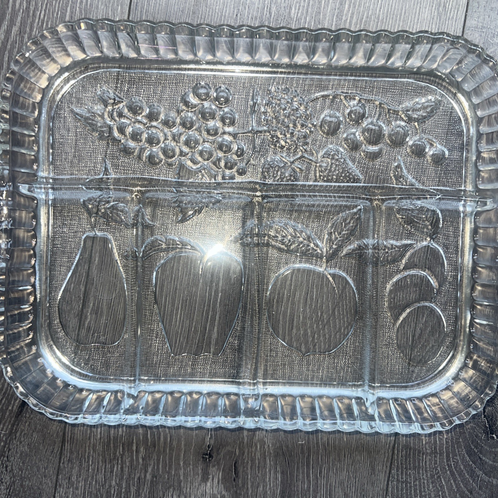 ndiana Glass Clear Crystal Rectangular Divided Relish Platter w/ Fruit Pattern