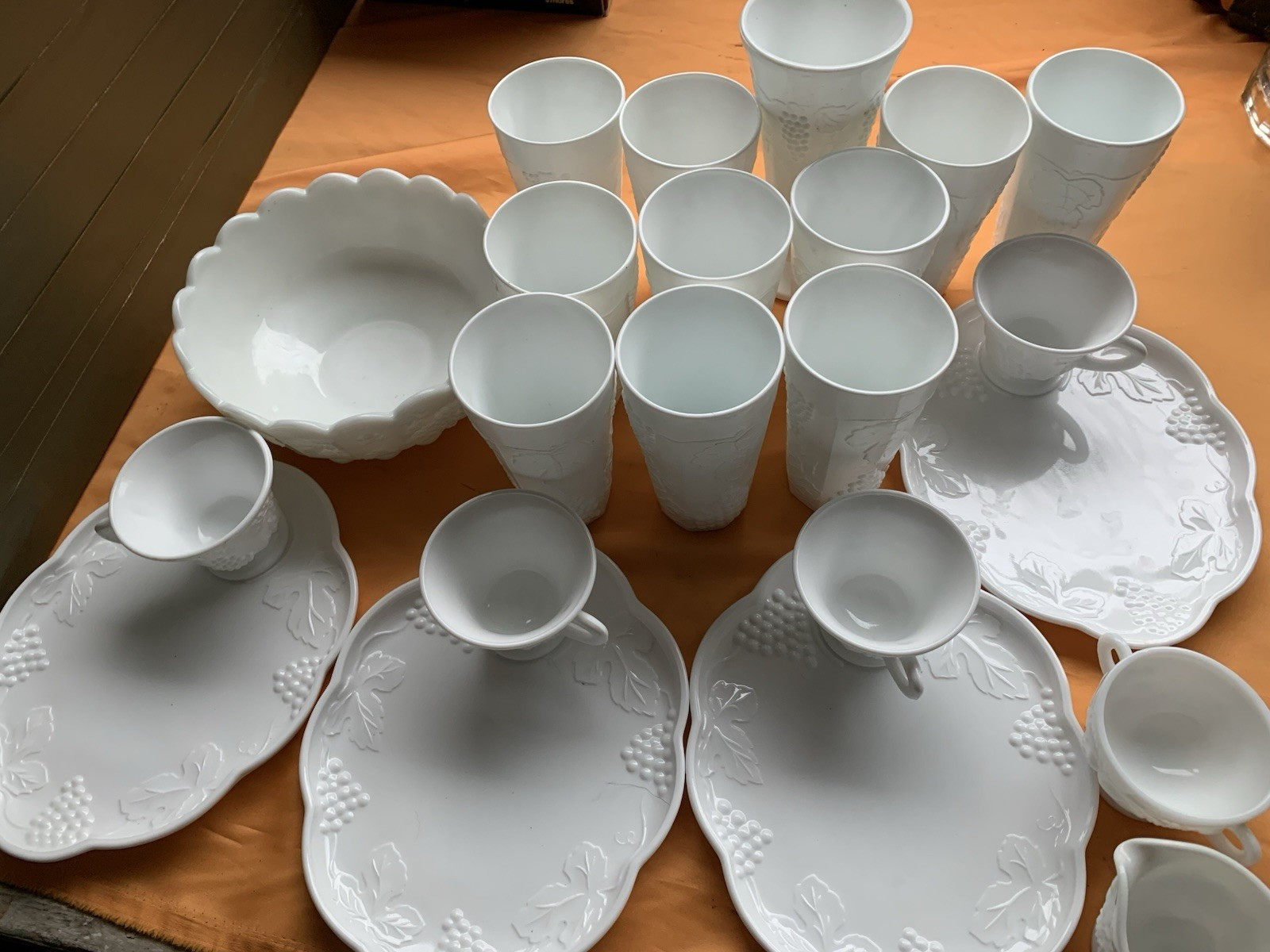 White Ceramic Grapevine Embossed Dinner Set Plates Cups Bowls Tumblers Vintage