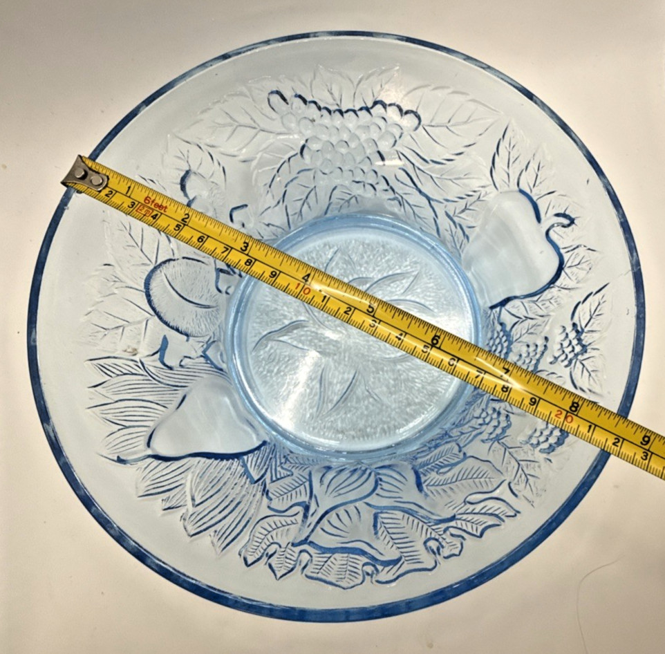 Glass Serving Bowl Ice Blue KIG Indonesia VTG 8.5″ Flower Fruit Apple Pear Grape