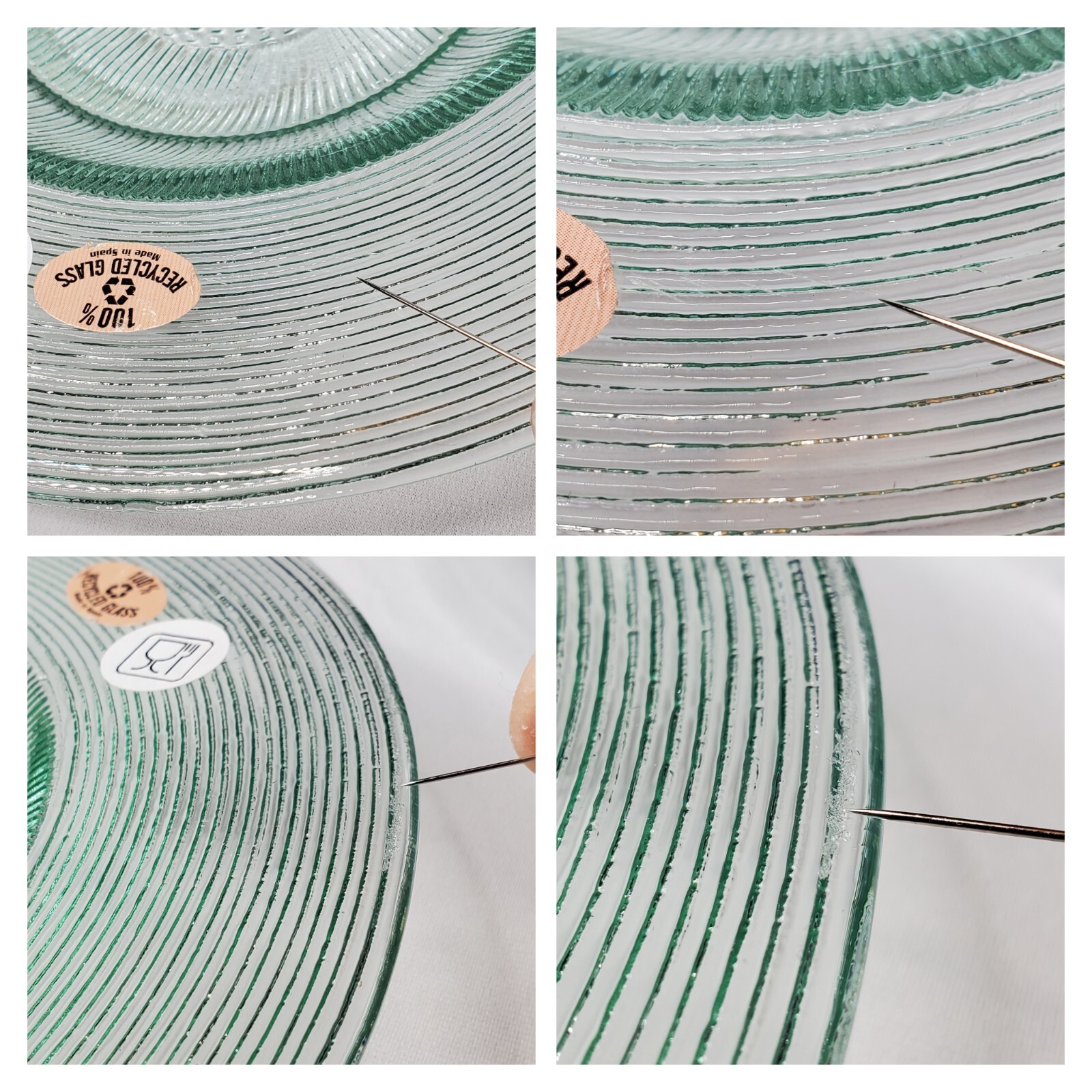 4 Recycled Spanish Glass Dinner Plates 10″ Set Wide Rim Clear Green Textured NOS