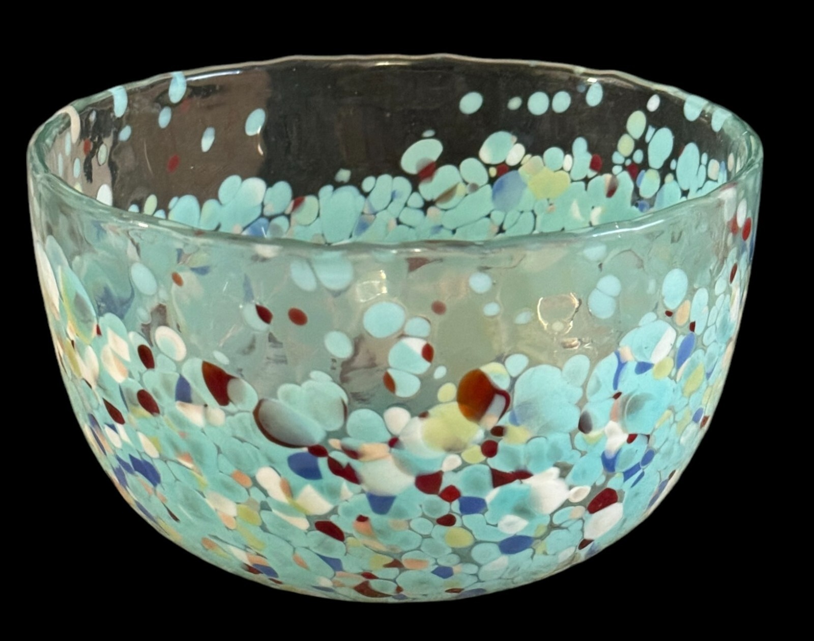 Hand Blown Art Glass Bowl Aqua & White Confetti Splatter Centerpiece Bowl 7″