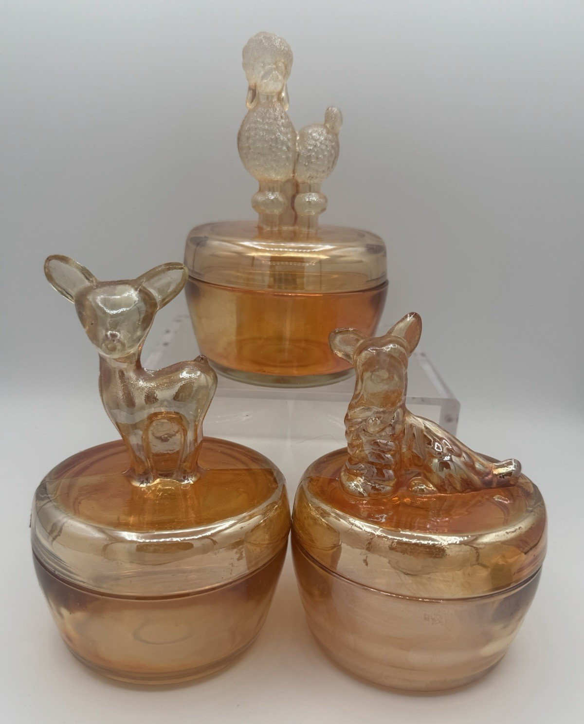 Vtg Jeannette Marigold Carnival Glass Powder Jar Set – Poodle/Deer/Terrier Lids