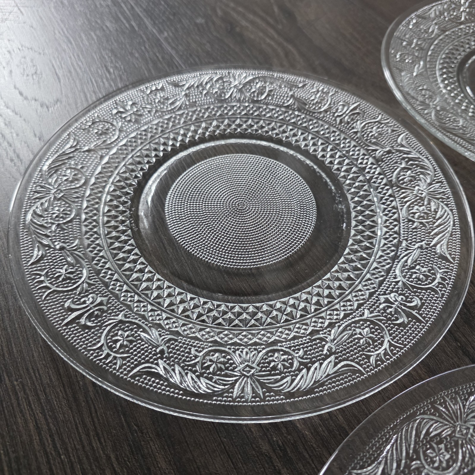 KIG Malaysia Pressed Glass Plates Set 4 Fleur De Lis Clear Vintage