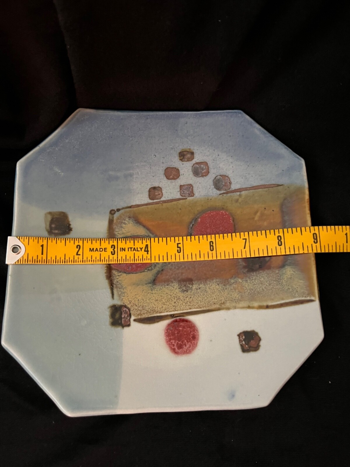 Octagonal Art Pottery Artist Signed Multi-Color Abstract with Metallics 9”x9”