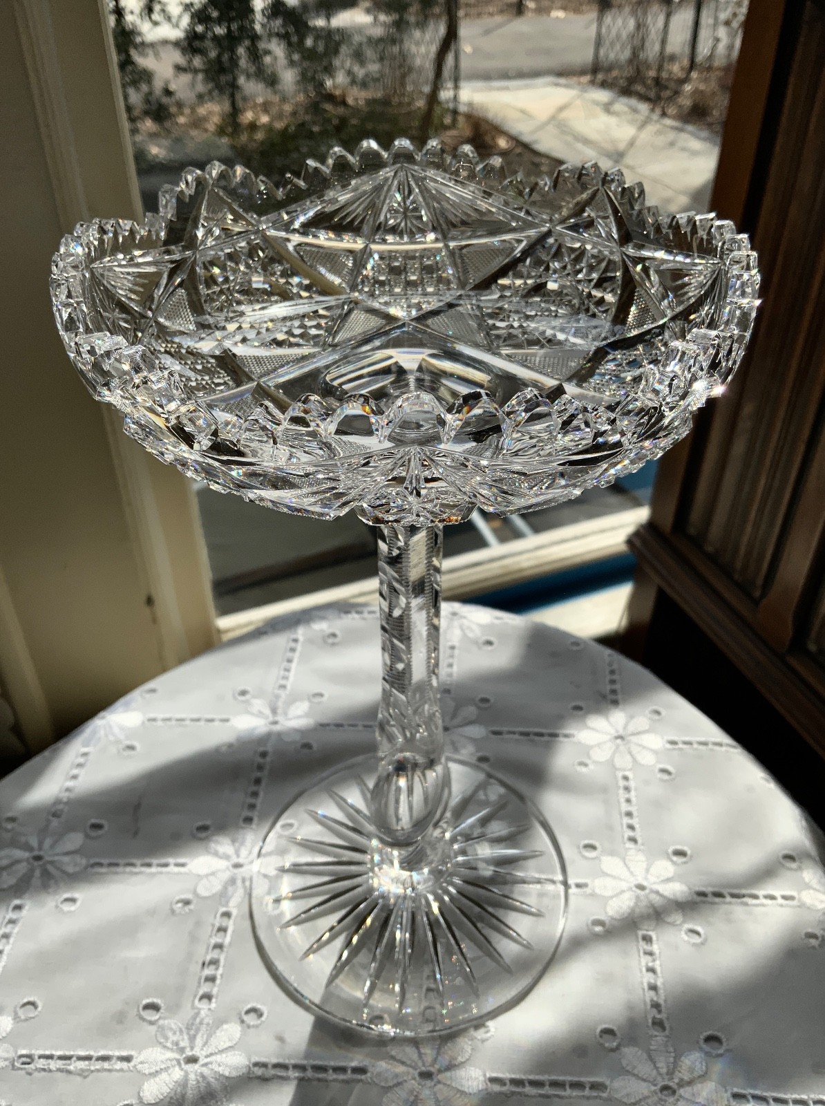 AMERICAN BRILLIANT CUT GLASS 10″ TWIST STEM COMPOTE / ATTRIB: LIBBEY C.1900-1910